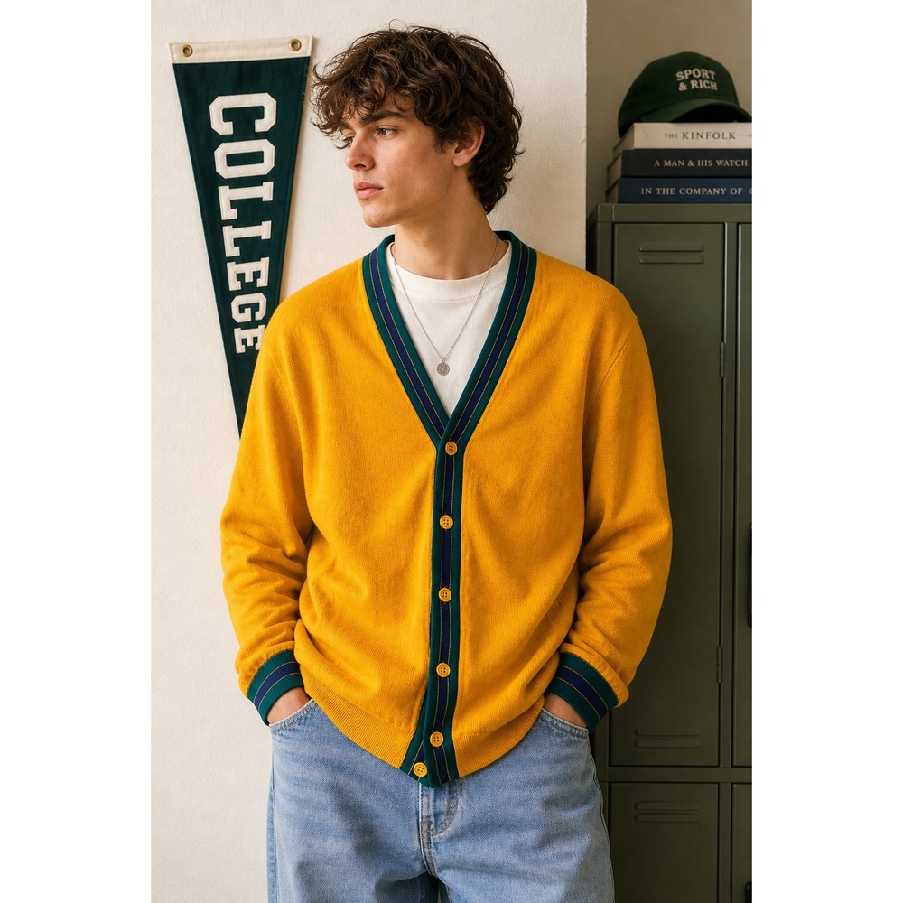 Retro Varsity Cardigan Oversized Yellow Collegiate‎ Prep Ivy Style Knit Size XL